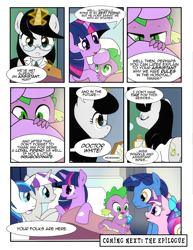 Size: 1275x1650 | Tagged: safe, artist:dsana, night light, princess cadance, shining armor, spike, twilight sparkle, twilight velvet, oc, oc:white scrubs, alicorn, dragon, pony, unicorn, comic:to look after, bed, comic, cute, female, gem, glasses, hospital bed, magic, mare, spikabetes, spike's family