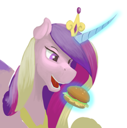 Size: 1000x1007 | Tagged: safe, artist:jykinturah, princess cadance, alicorn, pony, burger, eating, food, hay burger, lidded eyes, magic, open mouth, sandwich, solo, telekinesis