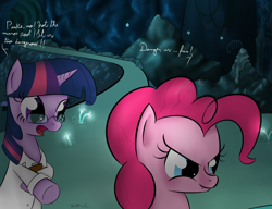 Size: 1300x1000 | Tagged: safe, artist:rodolfomushi, pinkie pie, twilight sparkle, earth pony, pony, unicorn, too many pinkie pies, cave, cave pool, clothes, duo, fangs, glasses, lab coat, mirror pool