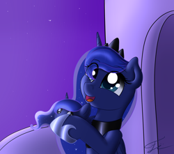 Size: 1700x1500 | Tagged: safe, artist:fluttair, princess luna, alicorn, pony, balcony, blob, blob ponies, cute, looking up, night, open mouth, plushie, self plushidox, self ponidox, smiling, stars, too many ponies