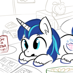 Size: 1280x1280 | Tagged: safe, artist:tjpones, shining armor, pony, unicorn, chips, comic book, ear fluff, food, oatacola, open mouth, potato chips, prone, reading, shining adorable, soda, soda can, solo, younger