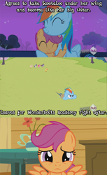 Size: 500x819 | Tagged: safe, edit, edited screencap, screencap, rainbow dash, scootaloo, pegasus, pony, sleepless in ponyville, wonderbolts academy, hub logo, scootalone