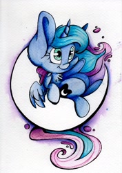 Size: 1731x2444 | Tagged: safe, artist:cutepencilcase, princess luna, alicorn, pony, chest fluff, cute, fluffy, impossibly large ears, missing accessory, moon, on back, simple background, smiling, solo, spread wings, tangible heavenly object, traditional art, underhoof, waving, white background