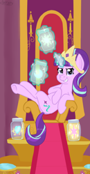 Size: 540x1040 | Tagged: safe, artist:apple-jazzy, princess cadance, princess celestia, princess luna, starlight glimmer, twilight sparkle, twilight sparkle (alicorn), alicorn, pony, bad end, crossed legs, crown, cutie mark, female, jar, magic, mare, s5 starlight, smiling, solo, telekinesis, this will end in communism, throne, tyrant glimmer, usurpation, welcome home twilight, xk-class end-of-the-world scenario