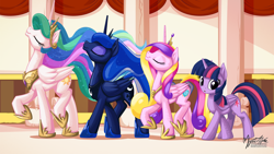 Size: 2560x1440 | Tagged: safe, alternate version, artist:mysticalpha, princess cadance, princess celestia, princess luna, twilight sparkle, twilight sparkle (alicorn), alicorn, pony, 16:9, :o, alicorn tetrarchy, eyes closed, female, looking at you, majestic, majestic as fuck, mare, one of these things is not like the others, raised hoof, raised leg, smiling, strutting, walking