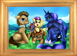 Size: 2719x1967 | Tagged: safe, artist:pridark, doctor whooves, princess luna, oc, bat pony, pegasus, pony, bust, cute, family, group, looking at you, male, portrait, shipping, smiling, straight