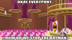 Size: 1280x720 | Tagged: safe, fluttershy, pinkie pie, rarity, spike, twilight sparkle, dragon, earth pony, pegasus, pony, unicorn, batman, image macro, movie time