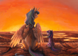 Size: 900x649 | Tagged: dead source, safe, artist:kenket, artist:spainfischer, princess celestia, twilight sparkle, alicorn, pony, both cutie marks, cute, eye contact, female, filly, filly twilight sparkle, momlestia, river, scene parody, smiling, sunset, the lion king, younger