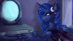 Size: 819x459 | Tagged: artist needed, safe, princess luna, alicorn, pony, clothes, dress, mirror, remembrance (audio drama), solo