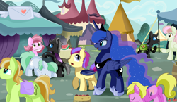 Size: 3475x2013 | Tagged: safe, artist:pridark, princess luna, oc, bat pony, changeling, pony, bowing, cute, group, market, ponyville