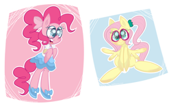 Size: 1280x777 | Tagged: safe, artist:mabeltonpinetree, fluttershy, pinkie pie, pegasus, pony, bipedal, bow, braces, clothes, dress, glasses, ponytail, shoes