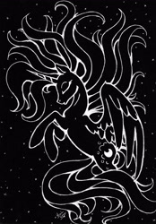 Size: 2408x3464 | Tagged: safe, artist:spacesheep-art, princess luna, alicorn, pony, black and white, eyes closed, grayscale, monochrome, night, profile, rearing, solo, spread wings, stars, traditional art