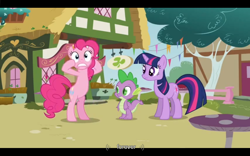 Size: 1024x640 | Tagged: safe, screencap, pinkie pie, spike, twilight sparkle, dragon, earth pony, pony, too many pinkie pies, youtube caption