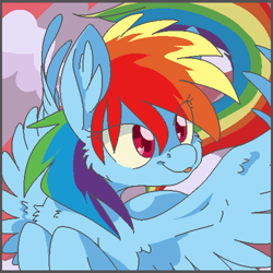 Size: 500x500 | Tagged: safe, artist:xenon, rainbow dash, pegasus, pony, blue coat, female, mare, multicolored mane, solo, tongue out