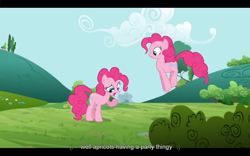 Size: 1024x640 | Tagged: safe, screencap, pinkie pie, earth pony, pony, too many pinkie pies, clone, pinkie clone, youtube caption