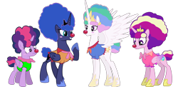 Size: 5841x2855 | Tagged: safe, artist:megarainbowdash2000, edit, princess cadance, princess celestia, princess luna, twilight sparkle, twilight sparkle (alicorn), alicorn, pony, the cutie re-mark, afro, alicorn tetrarchy, alternate timeline, chaotic timeline, clown, clown celestia, clown luna, clown nose, clowndance, female, frolestia, lunafro, mare, simple background, transparent background, vector