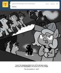Size: 666x800 | Tagged: safe, artist:egophiliac, nightmare moon, princess luna, oc, oc:frolicsome meadowlark, oc:sunshine smiles (egophiliac), bat pony, pony, cartographer's cap, dark woona, filly, grayscale, hat, monochrome, moonflower, moonstuck, nightmare woon, stomping, tumblr, woona, younger
