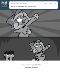 Size: 666x800 | Tagged: safe, artist:egophiliac, princess luna, oc, oc:frolicsome meadowlark, oc:sunshine smiles (egophiliac), bat pony, pony, animated, barely animated, bipedal, cartographer's cap, filly, gif, grayscale, hat, monochrome, moonstuck, woona, woonoggles, younger