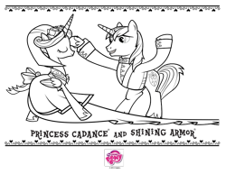 Size: 792x612 | Tagged: safe, princess cadance, shining armor, alicorn, pony, unicorn, coloring page, female, horn, male, mare, official, stallion