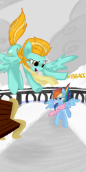 Size: 900x1800 | Tagged: safe, artist:marisalle, lightning dust, rainbow dash, pegasus, pony, clothes, scarf, snow