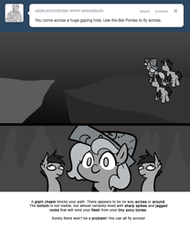 Size: 666x800 | Tagged: safe, artist:egophiliac, princess luna, oc, oc:frolicsome meadowlark, oc:sunshine smiles (egophiliac), bat pony, pony, cartographer's cap, chasm, filly, grayscale, hat, monochrome, moonstuck, woona, woonoggles, younger