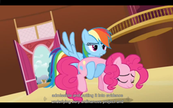 Size: 1024x640 | Tagged: safe, screencap, pinkie pie, rainbow dash, pegasus, pony, too many pinkie pies, holding a pony, youtube caption