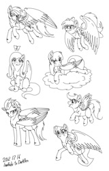 Size: 716x1116 | Tagged: safe, artist:inuhoshi-to-darkpen, derpy hooves, fluttershy, rainbow dash, scootaloo, spitfire, pegasus, pony, female, mare, monochrome, unshorn fetlocks