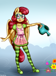 Size: 1848x2500 | Tagged: safe, artist:anibaruthecat, posey shy, anthro, plantigrade anthro, apron, clothes, cloud, cute, ear fluff, female, flower, glasses, looking at you, open mouth, smiling, socks, solo, stockings, striped socks, thigh highs, watering, watering can, younger