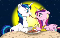 Size: 3812x2430 | Tagged: safe, artist:bakumaru01, princess cadance, shining armor, alicorn, pony, unicorn, blushing, disney, eating, female, food, full moon, husband and wife, lady and the tramp, looking at each other, male, meat, meatballs, moon, pasta, ponies eating meat, shiningcadance, shipping, smiling, spaghetti, spaghetti scene, straight, table