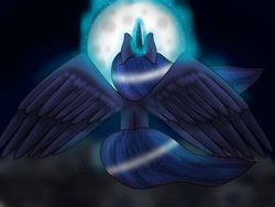 Size: 1024x768 | Tagged: safe, artist:wika4007, princess luna, alicorn, pony, glowing horn, moon, moon work, rear view, solo, spread wings