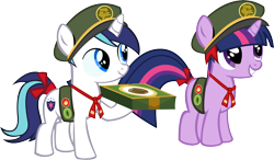 Size: 14476x8439 | Tagged: safe, artist:cyanlightning, shining armor, twilight sparkle, pony, unicorn, absurd resolution, brother and sister, colt, cute, cyan's filly guides, female, filly, filly guides, filly scouts, hat, male, ribbon, shining adorable, siblings, simple background, transparent background, twiabetes, vector, younger