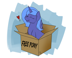 Size: 1000x800 | Tagged: safe, artist:everdale, princess luna, alicorn, pony, :t, box, cardboard box, cute, eyes closed, heart, pony in a box, s1 luna, simple background, sitting, smiling, solo, white background