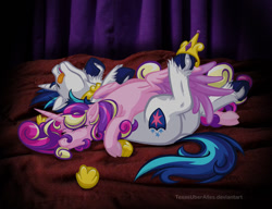 Size: 937x720 | Tagged: safe, artist:texasuberalles, princess cadance, shining armor, alicorn, pony, unicorn, cloven hooves, colored hooves, dock, female, frog (hoof), jewelry, majestic as fuck, male, on back, pony pillow, regalia, shiningcadance, shipping, sleeping, straight, tongue out, underhoof, unshorn fetlocks