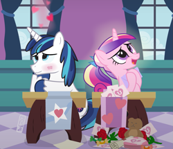 Size: 1085x935 | Tagged: safe, artist:dm29, princess cadance, shining armor, alicorn, pony, unicorn, blushing, classroom, desk, female, flower, heart, hearts and hooves day, kiss mark, lipstick, male, rose, shiningcadance, shipping, straight, valentine's day, valentine's day card, younger