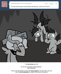 Size: 666x800 | Tagged: safe, artist:egophiliac, princess luna, oc, oc:frolicsome meadowlark, oc:sunshine smiles (egophiliac), bat pony, pony, cartographer's cap, facehoof, filly, grayscale, hat, monochrome, moonstuck, shrug, woona, younger