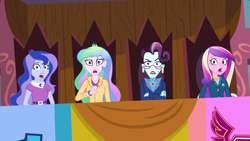 Size: 1280x720 | Tagged: safe, screencap, dean cadance, princess cadance, princess celestia, princess luna, principal abacus cinch, principal celestia, vice principal luna, equestria girls, friendship games, jaw drop, reaction