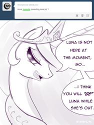 Size: 1200x1600 | Tagged: safe, artist:nadvgia, princess celestia, alicorn, pony, ask, monochrome, princess molestia, solo, tumblr