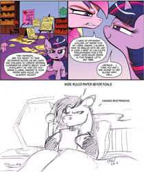 Size: 846x1008 | Tagged: safe, artist:carnivorouscaribou, princess cadance, twilight sparkle, oc, oc:rough sketch (carnivorouscaribou), alicorn, pony, spoiler:comic, spoiler:comic12, bed, comic, filly, filly twilight sparkle, my tiny gecko, reading, sketch, stare down