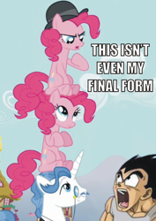 Size: 500x705 | Tagged: safe, edit, screencap, fancypants, pinkie pie, earth pony, pony, unicorn, too many pinkie pies, clone, clones, dragon ball, dragon ball z, female, hat, image macro, male, mare, meme, pinkie clone, sitting, sitting on head, stallion, vegeta