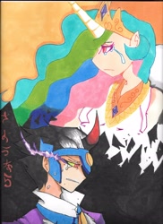 Size: 2550x3507 | Tagged: safe, artist:rockmanuzumaki, king sombra, princess celestia, human, unicorn, crying, former good king sombra, good king sombra, humanized, japanese, traditional art