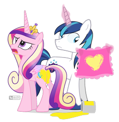 Size: 980x1008 | Tagged: safe, artist:dm29, princess cadance, shining armor, alicorn, pony, unicorn, annoyed, duo, female, handkerchief, heart, hearts and hooves day, lovebutt, male, mare, open mouth, paint, pillow, plot, simple background, stallion, transparent background, wet paint