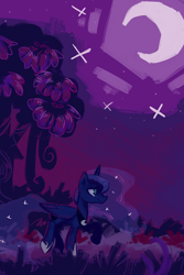 Size: 632x948 | Tagged: safe, artist:white-pilled, princess luna, alicorn, pony, crescent moon, moon, night, raised hoof, solo, walking