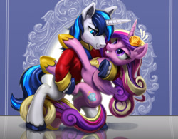 Size: 1914x1490 | Tagged: safe, artist:harwick, princess cadance, shining armor, alicorn, pony, unicorn, bipedal, clothes, dancing, female, grin, male, mare, smiling, stallion