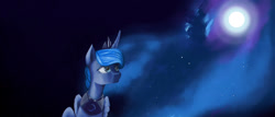 Size: 2058x879 | Tagged: safe, artist:majorlaughmaster, princess luna, alicorn, pony, fluffy, looking up, moon, night, s1 luna, sitting, solo, starry mane, stars