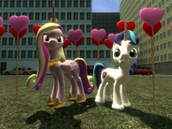 Size: 1024x768 | Tagged: safe, artist:sonic5421, princess cadance, shining armor, alicorn, pony, unicorn, 3d, balloon, gmod, heart, valentine's day