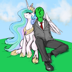 Size: 800x800 | Tagged: safe, artist:kevinsano edits, artist:rainbow-dosh, edit, princess celestia, oc, oc:anon, alicorn, human, pony, clothes, cute, cutelestia, female, hug, human male, male, mare, sky, smiling, winghug