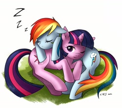 Size: 1700x1500 | Tagged: safe, artist:katiramoon, rainbow dash, twilight sparkle, pegasus, pony, female, lesbian, shipping, sleeping, snuggling, twidash, zzz