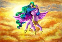 Size: 1024x683 | Tagged: safe, artist:aschenstern, princess celestia, alicorn, pony, happy, morning, pinklestia, solo