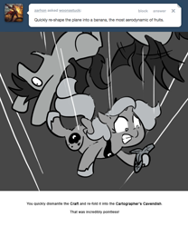 Size: 666x800 | Tagged: safe, artist:egophiliac, princess luna, oc, oc:frolicsome meadowlark, oc:sunshine smiles (egophiliac), bat pony, pony, banana, cartographer's cavendish, falling, filly, food, grayscale, monochrome, moonstuck, woona, woonoggles, younger