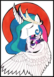 Size: 2462x3537 | Tagged: safe, artist:grocerystorephobic, princess celestia, twilight sparkle, alicorn, pony, female, lesbian, shipping, traditional art, twilestia